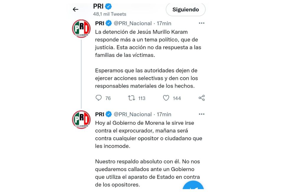 Tema político la detención de Murillo Karam: PRI